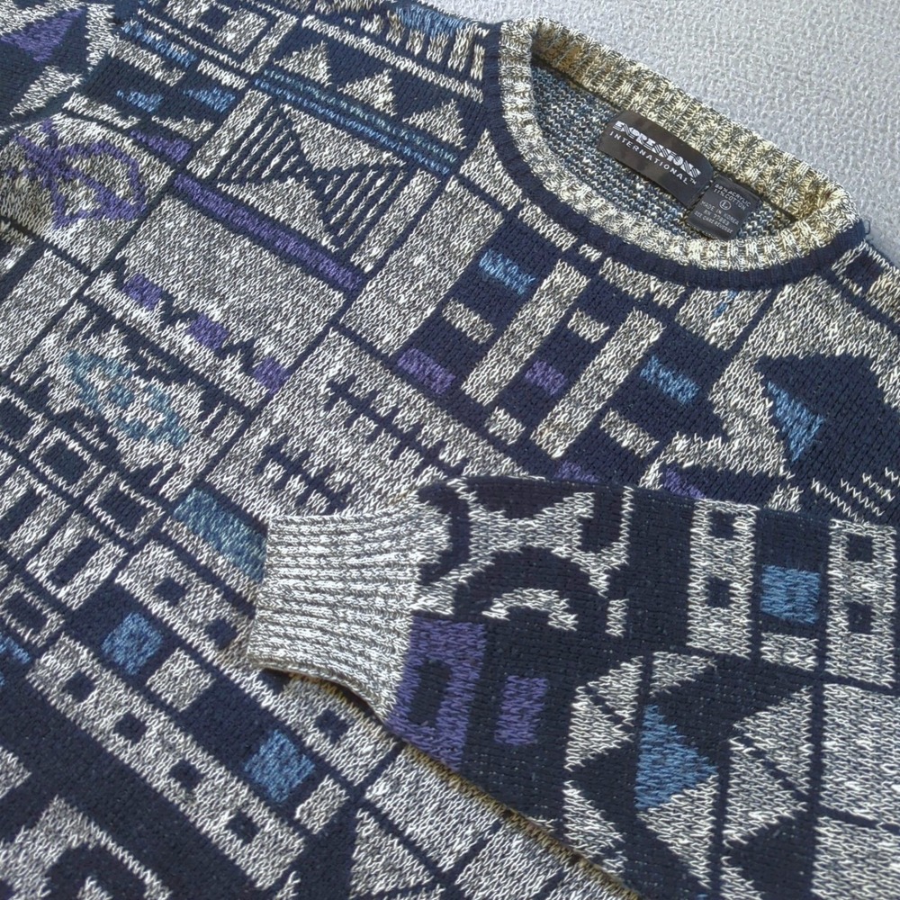 VTG Expressions International Sweater Mens Large Blue Grey Geometric Abstract